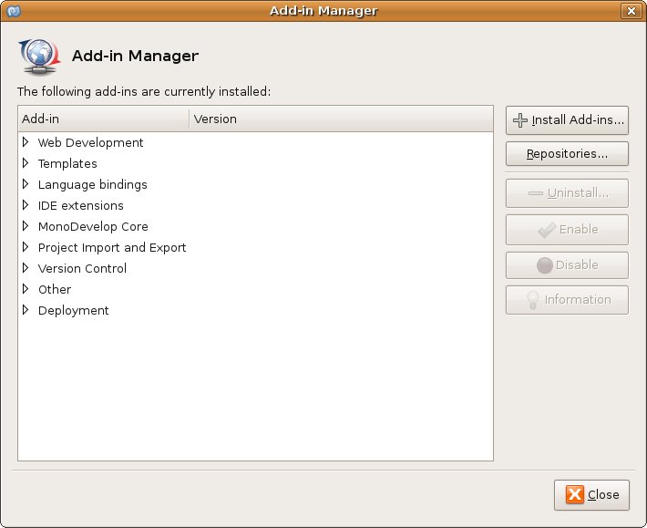 Add-in Manager dialog of MonoDevelop